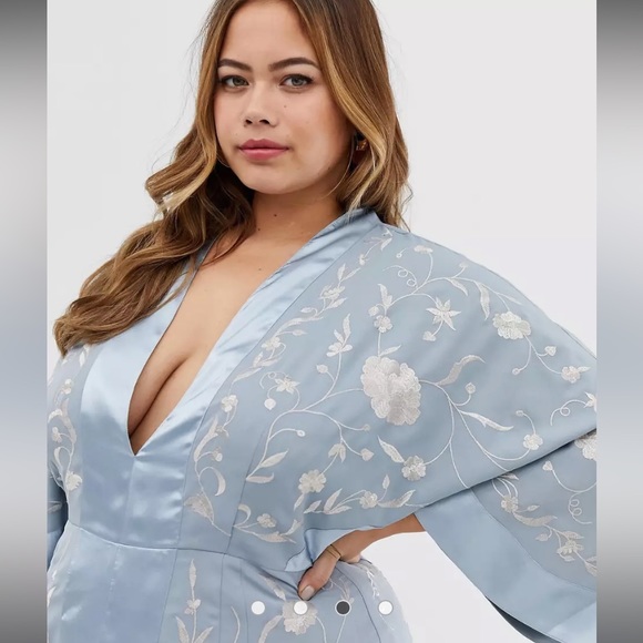 NWT Asos Curve Blue satin and Embroidered Fringe Dress - Picture 4 of 13